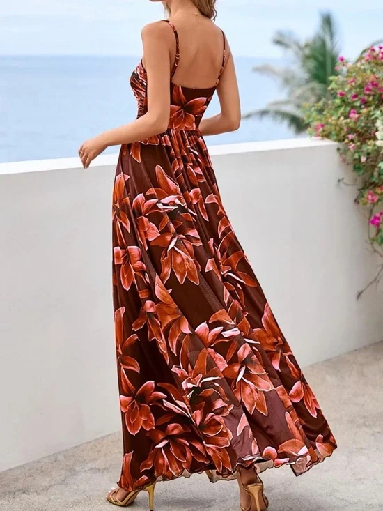 NWT Pretty Garden Brown Floral Maxi Dress with Spaghetti Straps Size M - Picture 2 of 6